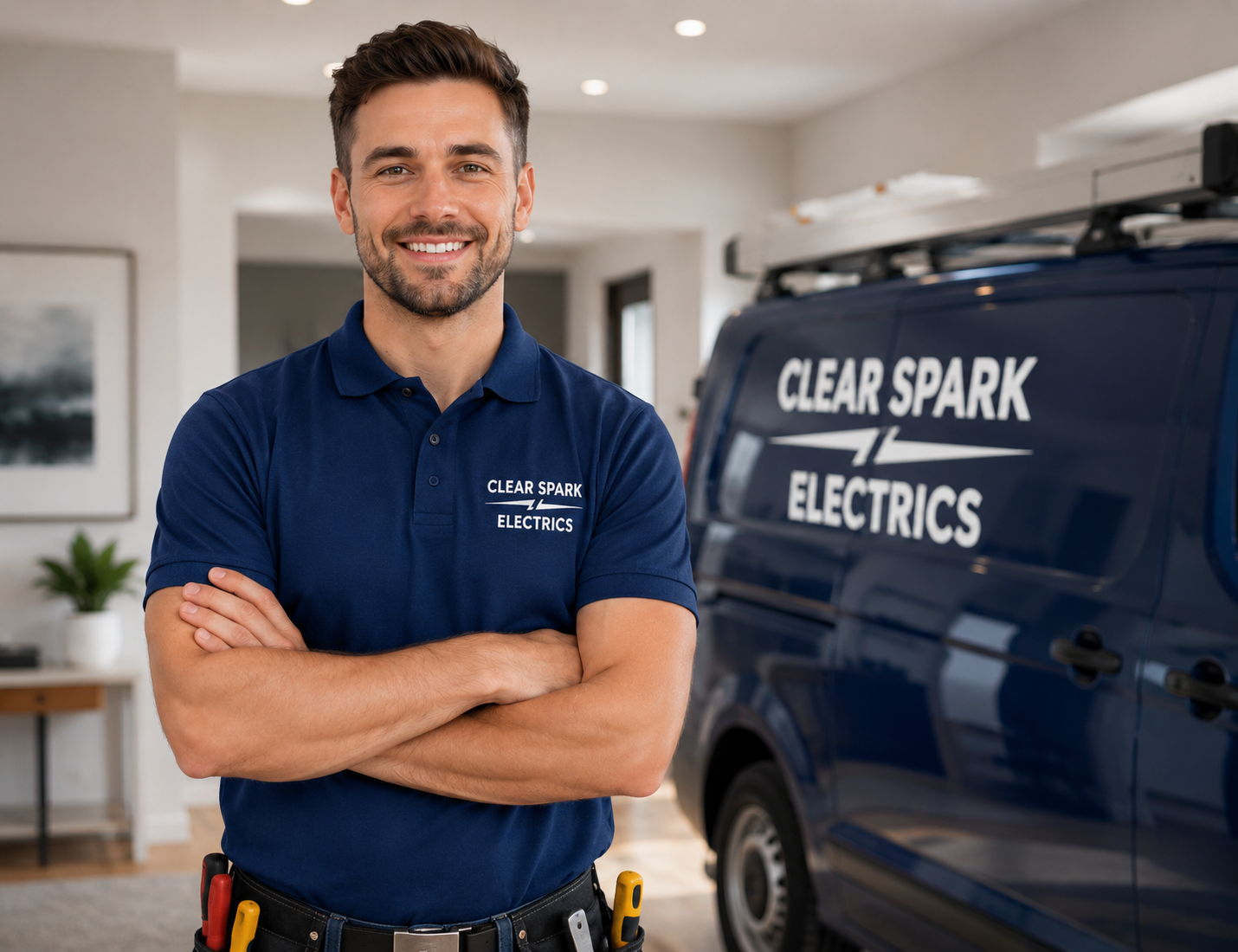 Licensed Clear Spark electrician standing beside a branded work van in Sydney